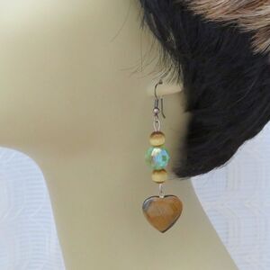 Tiger Eye Heart Dangle Earrings w/ Green Crystal Bead, Business and Boho Jewelry